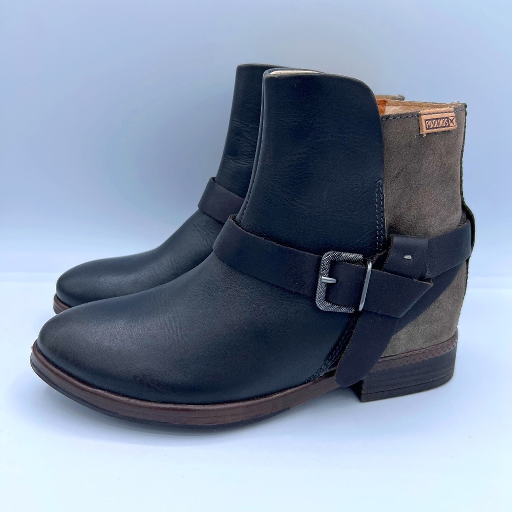 Pikolinos Ordinos Ankle boot with Leather accent strap & buckle, sz 35 black tan
